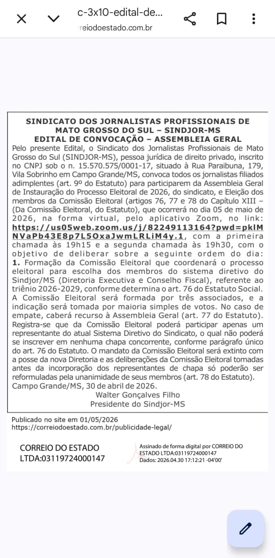 EDITAL DE CONVOCAÇÃO DE ASSEMBLEIA GERAL DOS FILIADOS DO SINDJOR MS