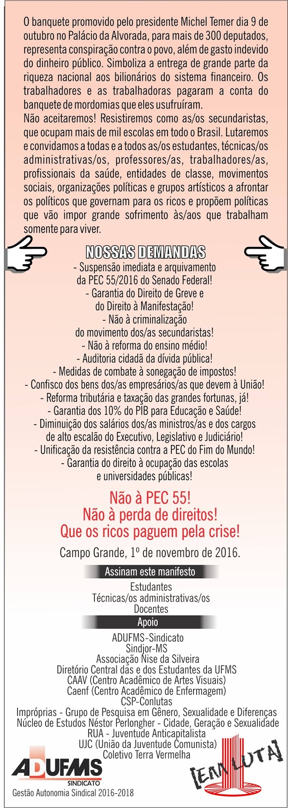 Movimentos e entidades organizam aula pública sobre a PEC 55