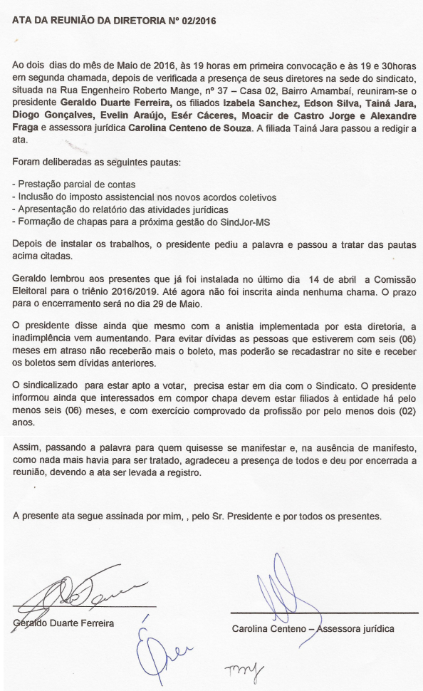 Ata de reunião da diretoria nº 02-2016